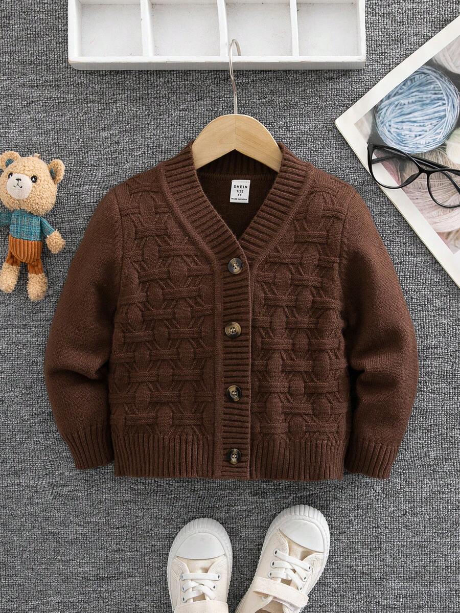 SHEIN Young Boy Solid Color Textured Long Sleeve Single-Breasted Knit Cardigan - Brown - View 1