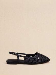 Rosivie 方頭平底女鞋，黑色編織材質，後繫帶 Slingback，休閒度假風，復古波希米亞風，舒適穿著 - 編織黑色 - 查看 5