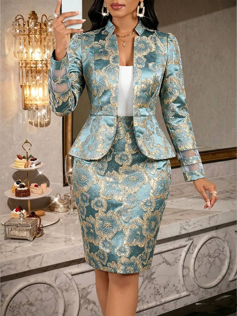 SHEIN Lady 女款優雅成熟風派對晚宴正式提花西裝外套套裙套裝，深青色，適合婚禮、教師節、秋季 - 彩色 - 查看 1