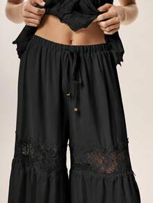 Willow Rêve Lightweight Thin Lace Patchwork Hollow Out Long Pants With Drape Heavy Workmanship . Vacation - Black - View 7