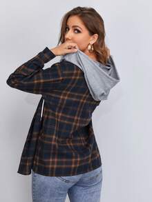 SHEIN LUNE Contrast Hooded Tartan Coat In Fall/Winter,Casual - Multicolor - View 2