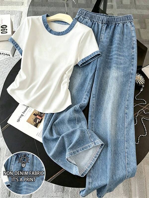 Resyla Women's 2-Piece Set, Casual Minimalist Style Outfit, Suitable For Daily Casual Wear, Women's Short Sleeve Top And Long Pants, Summer Women's Outfit, Latest Women's Top, Fashion Set