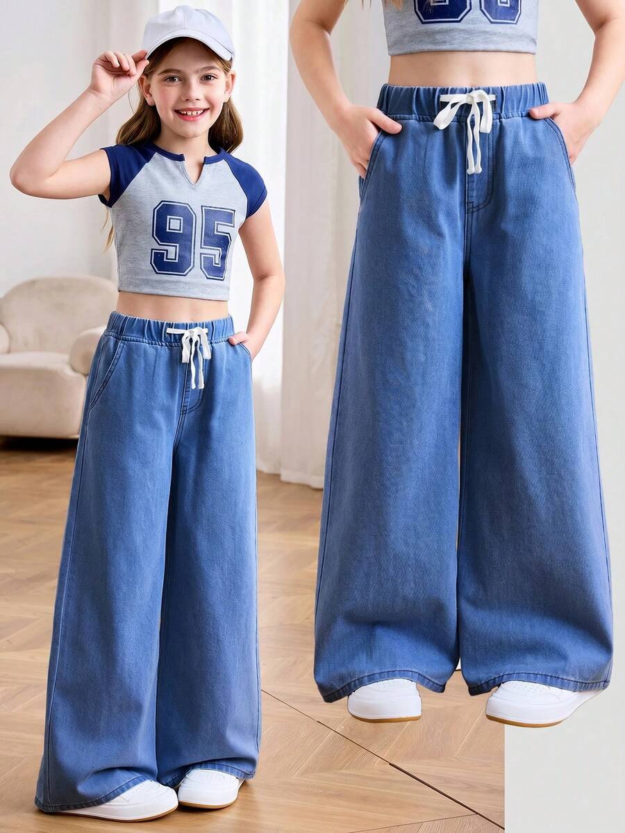SHEIN Quần jean ống rộng cạp chun rút nhẹ mùa hè cho bé gái tuổi mới lớn mặc hàng ngày, quần ống rộng cạp chun co giãn thoải mái mùa hè, quần đi biển mùa hè phong cách boho, lễ hội hòa nhạc Rave - Rửa trung bình - Xem 1