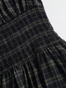 Sweetra Spring/Summer French Vintage Plaid Fashion Design Puff Short Sleeve Waist-Cinching Slimming Preppy Casual Short Dress For Women - Blue - View 6