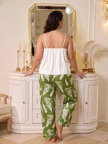 SHEIN Plus Size Satin Camisole + Fresh Botanical Print Pajama Pants 2 Pieces Set - Green - View 2