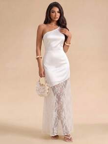 SHEIN Glamour 黑色緞面蕾絲掛脖露背長洋裝，女款不對稱晚禮服 - 黑色 - 查看 8