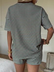 SHEIN EZwear 女士条纹圆领短袖T恤和短裤套装 - 咖啡棕 - 查看 2