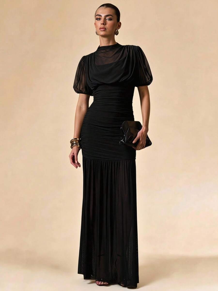 SHEIN BAE Spring/Summer Solid Black Wrap Shawl Elegant Sheer Slim Fit Ruched Extra Long Mesh Dress, Dinner, Bridesmaid, Women's Tea Party, None - Black - View 1