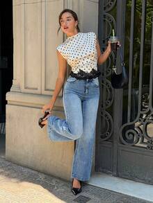 Siren Gaze Women's White With Black Polka Dots With Stand Collar Irregular Ruffle Lace Splice Elegant Romantic Casual Summer Office Brunch Tea Party Blouse Top - Multicolor - View 4