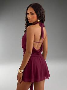 Normani Gaun Mini Seksi Wanita Warna Polos dengan Tali Leher untuk Kencan - Burgundy - View 2