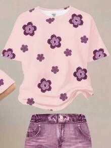 Vintage Floral Pattern Casual Loose Fit Short Sleeve Round Neck T-Shirt And Wide Leg Pants 2-Piece Set, Suitable For Spring & Summer - Multicolor - View 4