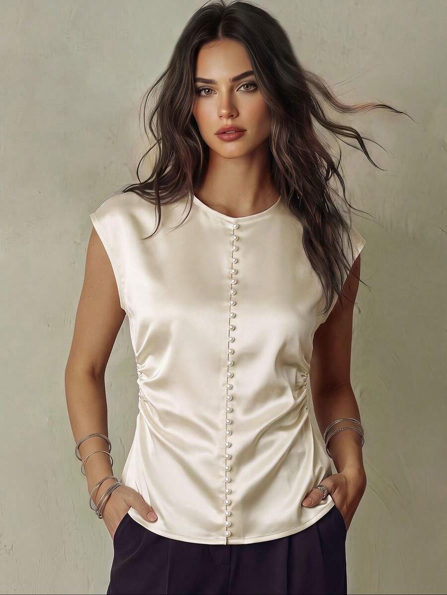 Franclia 女款乳白色緞面圓領無袖襯衫,珍珠鈕扣裝飾腰部抓褶優雅奢華法式上衣,夏季職場辦公室上衣 - 杏色 - 查看 1