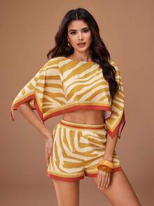 Glamance Animal Print Zebra Print Shawl Top And Elastic Waist Shorts Vacation Beach Outfit Night Out - Khaki - View 6