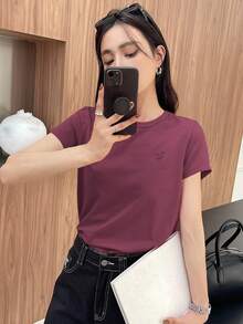 DAZY Áo thun tay ngắn thêu hình trái tim màu trơn mùa hè, trang phục công sở thường ngày cho nữ - Màu tím - Xem 2