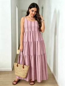 Comfylo Plus Size Women's Striped Ruffle Hem Casual Spaghetti Strap Dress - Multicolor - View 4