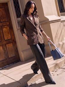 SHEIN x PRISCILA & JIMENA Anewsta Jaket Blazer Elegan Lengan Panjang dengan Banyak Saku, Bahan Suede Imitasi - Coklat - View 8