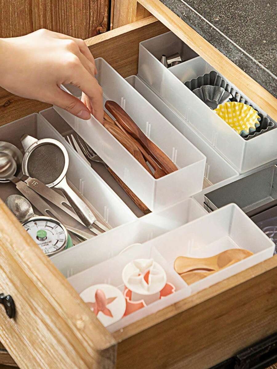 Zazumi 1 件简约日式收纳盒带隔板 - 桌面磨砂收纳篮,用于餐具、化妆品、抽屉隔板 - 白色 - 查看 1