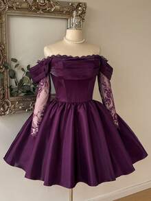 Lovelzi Plus Size Dark Purple Elegant Cold Shoulder French Lace Patchwork Long Sleeve Bustier A-Line Short Dress Party Dinner Evening Fall New Year - Burgundy - View 3