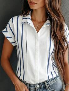 SHEIN Women's Elegant Casual Blue And White Stripe Lapel Collar Rolled Short Sleeve Loose Button Down Blouse, Summer Tops, Party Brunch Top, Beach, Office - White - View 2