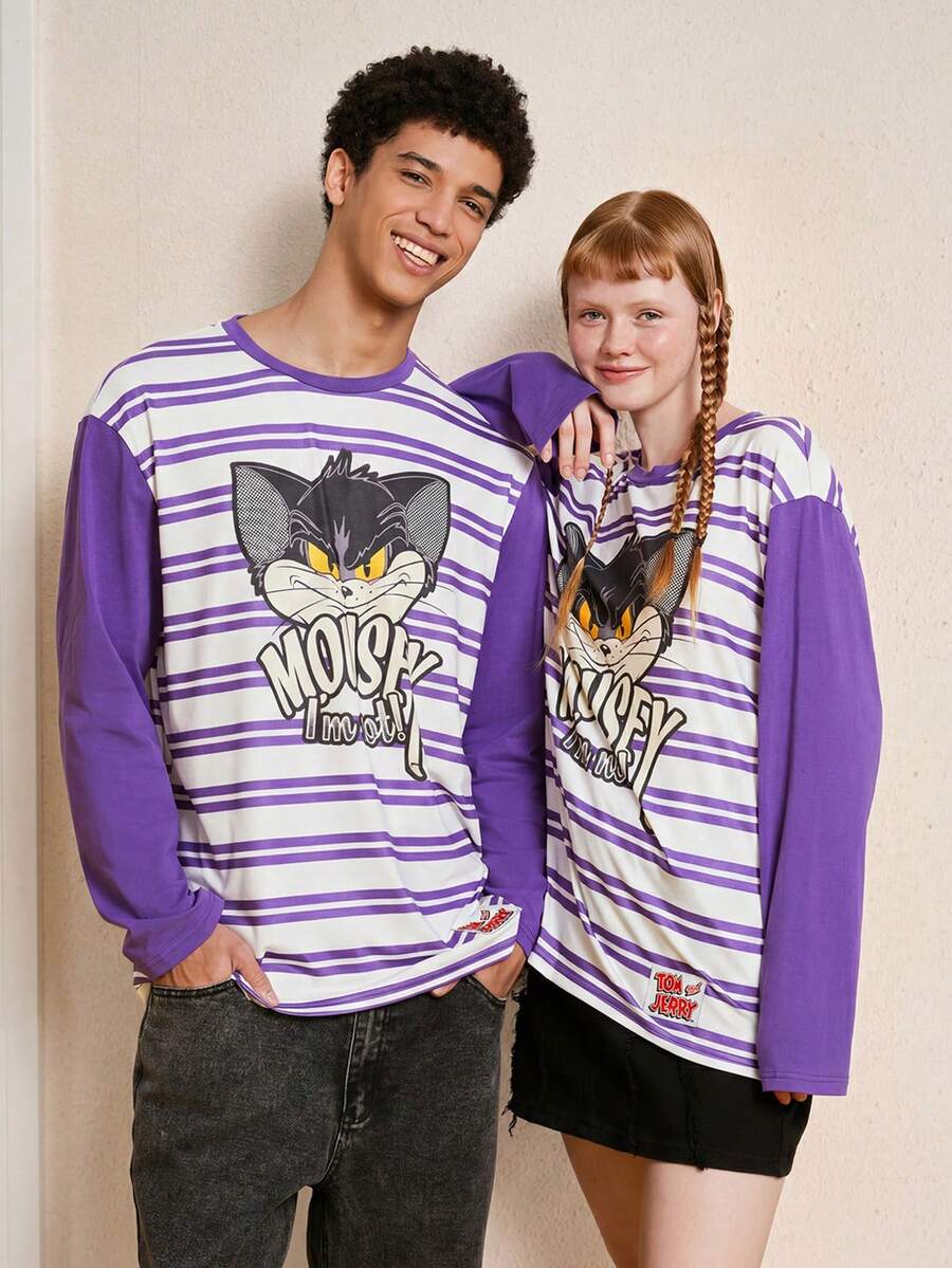 TOM & JERRY X SHEIN Unisex 1pc Striped Cartoon Printed T-Shirt - Multicolor - View 1