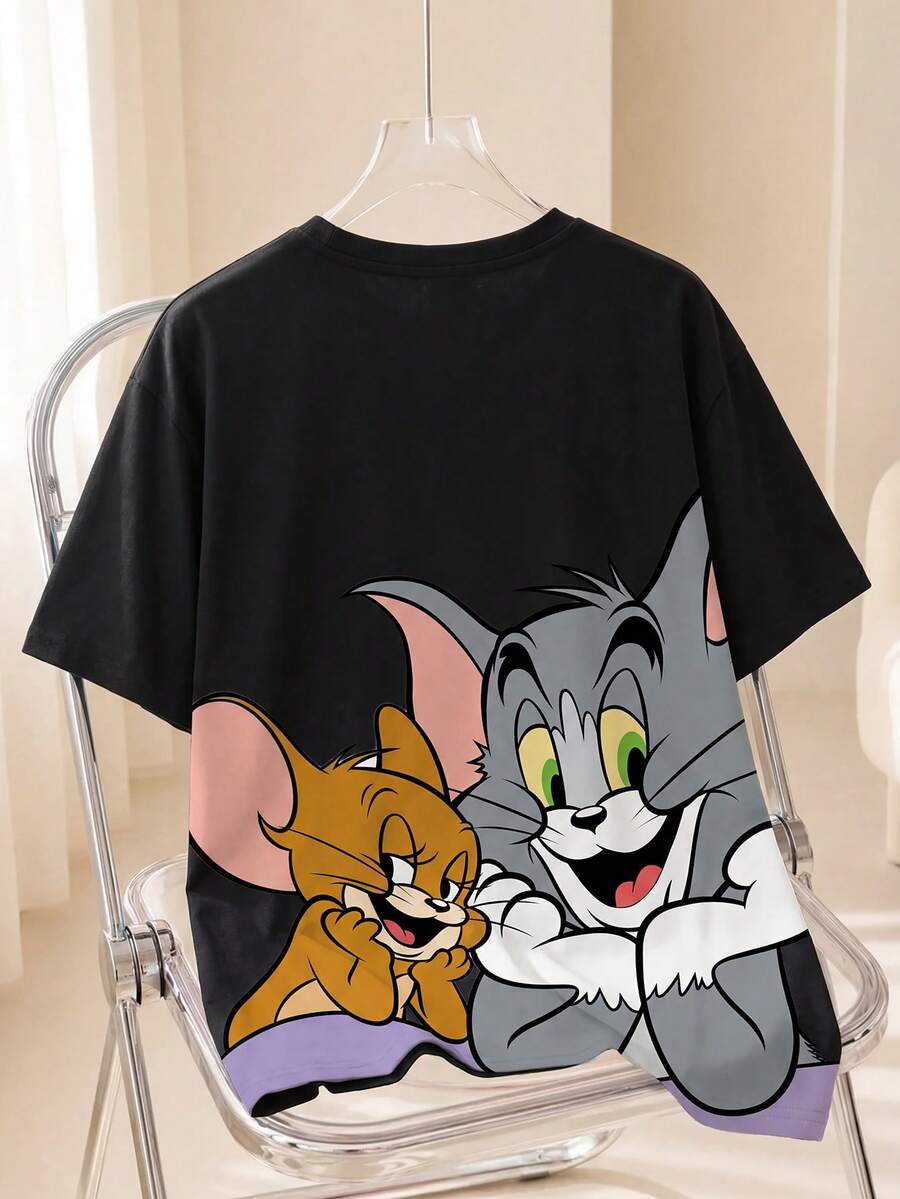 TOM & JERRY X SHEIN 大码可爱卡通图案圆领落肩短袖T恤,夏季 - 黑色 - 查看 1
