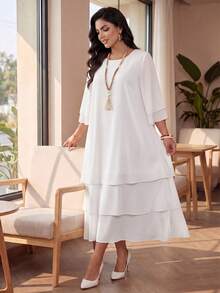 Auveirra Plus Size Women Solid Color Round Neck Casual Elegant Daily Autumn Dress Wedding Formal Tea Party Dinner White Fall - White - View 4
