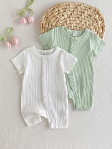 SHEIN Playful Pals 2pcs/Set Newborn Girl Jumpsuit Cute Bow Front Ribbed Short Sleeve Romper Cotton - Green - View 5