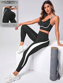 SHEIN Sports 网眼拼接撞色侧缝宽带腰运动紧身裤女款瑜伽裤 - 黑與白 - 查看 6