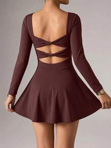Glamine Charm Youthful Brown Backless Square Neck Sports Dress - Brown - View 5