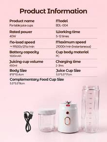Teckwe Portable Blender Juicer Cup, 450ml 1500mAh USB Rechargeable Mini Smoothie Blender, Wireless Fruit Juice Mixer For Gym Travel Office Home, Portable Ice Crusher Shakes Maker - White - View 6