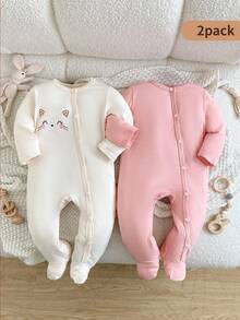 SHEIN Playful Pals 新生兒嬰兒 2 件套可愛粉色連身衣 貓咪印花蝴蝶結長袖按扣式 - 彩色 - 查看 3