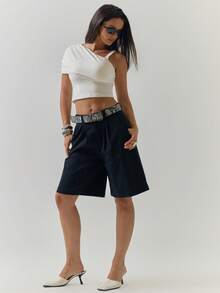 MUSERA Navy Blue Tailored Two Side Pocket Loose Shorts Casual Basic Party Brunch Everyday Holiday Vacation Miami Beach Summer For Women - Black - View 2