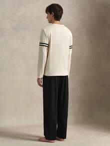 EverLounge 男士圓領拼色長袖上衣與長褲休閒居家服套裝 - 杏色 - 查看 2
