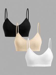 SHEIN Girlism 兒童青少年女孩黑色白色卡其色3件式多件套裝，簡約V領背心、墊肩內衣與賽車背內褲套組，舒適素色，春夏居家，Clean Girl/美式女孩風 - 卡其色 - 查看 3