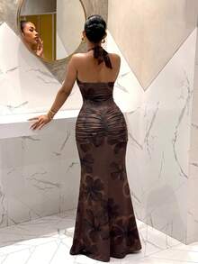 Slaydiva New Summer/Fall Women's Halter Neck Backless Ruched Deep V-Neck Mermaid Dress/Elegant/Party/Festival/Vacation/Concert/Rave/Wedding Guest/Brown Floral - Rust Brown - View 3