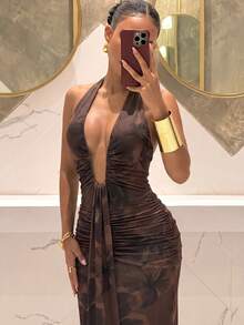 Slaydiva New Summer/Fall Women's Halter Neck Backless Ruched Deep V-Neck Mermaid Dress/Elegant/Party/Festival/Vacation/Concert/Rave/Wedding Guest/Brown Floral - Rust Brown - View 8
