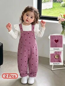 SHEIN Vintaside Kids 女嬰燈芯絨吊帶褲套裝，秋冬加厚保暖愛心刺繡吊帶褲 + 保暖刷毛針織內搭層，2件套，新款可愛女嬰服飾 - 粉色 - 查看 4