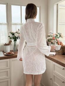 Snug Reverie Spring/Autumn Lightweight Hollow Embroidery Robe - White - View 3