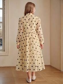 Anewsta Girls' Elegant Fashion Black Polka Dot Stand Collar Ruffle Puff Sleeve Long Sleeve Apricot Dress, Spring/Autumn Long Sleeve Dress. Suitable For Daily Wear. - Apricot - View 3