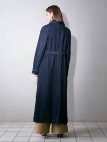 MOTF PREMIUM WOMEN'S AUTUMN DOUBLE BREASTED PLACKET BELTED DENIM COAT - Navy Blue - View 3
