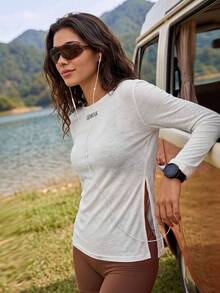 Exploreva Exploreva Damen T-Shirt mit Buchstabenprint, Rundhalsausschnitt, Langarm und Seitenschlitz für Outdoor - Beige - Übersicht 6