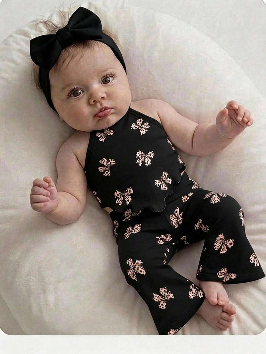 SHEIN 2件組女童套裝,包含時尚細肩帶背心與喇叭褲,適合生日派對、晚會、表演、婚禮、洗禮、開幕式、日常穿著、上學、外出,適用春夏季 - 黑色 - 查看 1