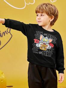 TOM & JERRY X SHEIN سترة رياضية للصبي مضفرة بشكل رسم كرتوني وبطبعة حرف، بياقة واسعة منسدلة، مناسبة للربيع والخريف - الأسود - مشاهدة 7