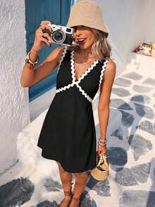 Vivid Eden Vestido versátil de moda para vacaciones con bordado y contraste de color para mujer - Negro - Ver 4
