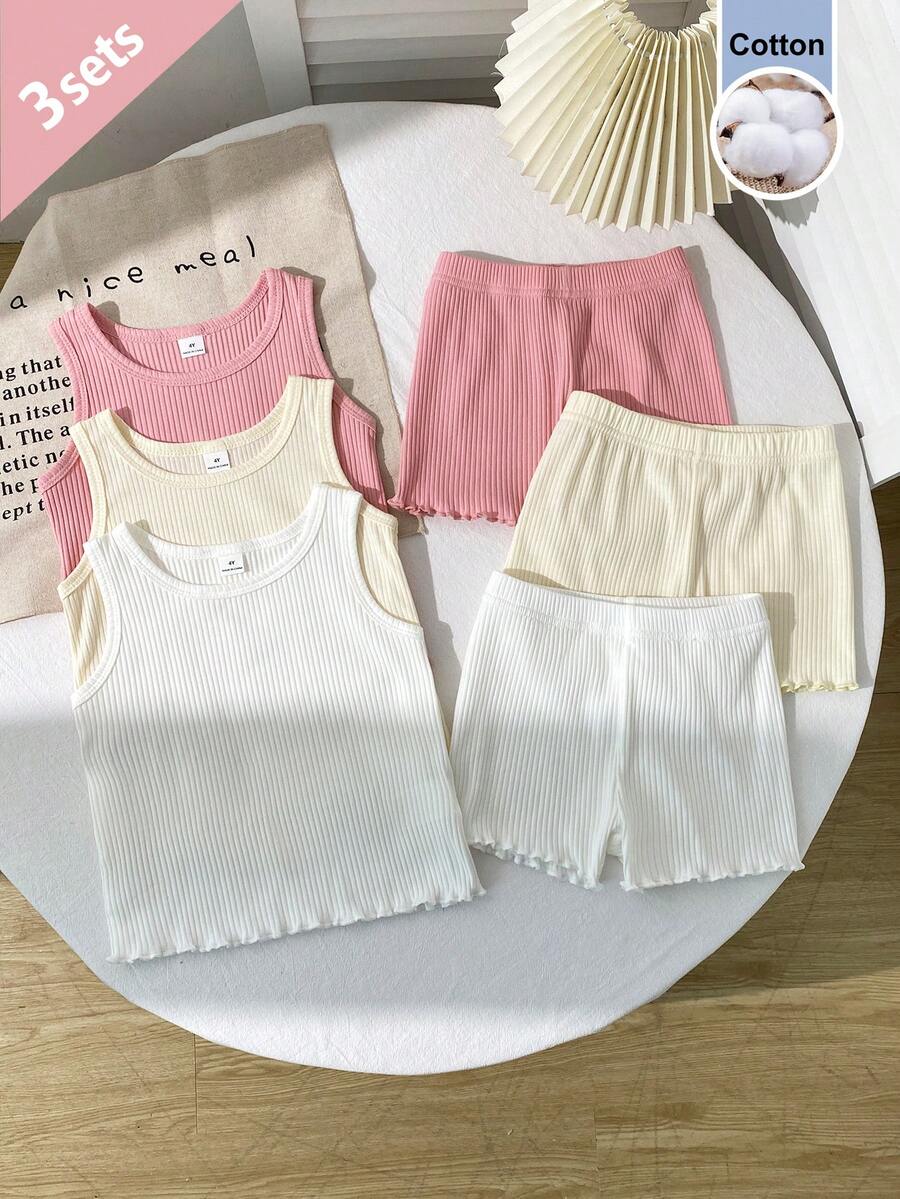 6pcs/Set Autumn/Winter Girls Toddler Ribbed Knit Round Neck Tank Top And Shorts Set, White Pink Apricot Multi-Color Casual Base Layer Underwear - Multicolor - View 1