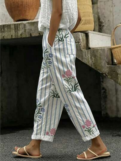 Linhara CURVE Women's Blue & White Striped Print Cotton Linen 9/10 Length Pants, Vacation Style Drawstring High Waist Rolled Hem Casual Straight Leg Pants, French Country Floral Striped Linen Pants, Loose Pockets Elastic Waist Beach Travel Thin Wide Leg Pants, Summer Cotton Linen Floral Striped Pants, Slouchy Drawstring Slimming Rolled Hem Casual 9/10 Length Pants, Country Vacation Style, Blue & White Vertical Stripe Color Block Hand Painted