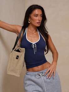 Glamine Women's Summer Sports Halter Neck Backless V-Neck Bow Decor Colorblock Fitted Sports Tank Top - Navy Blue - View 4