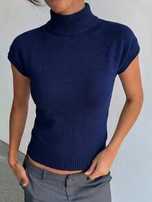 Aloruh Women's Casual Crew Neck Stand Collar Pullover Knit Top, Navy Blue, Early Autumn, Back To School - Navy Blue - View 3