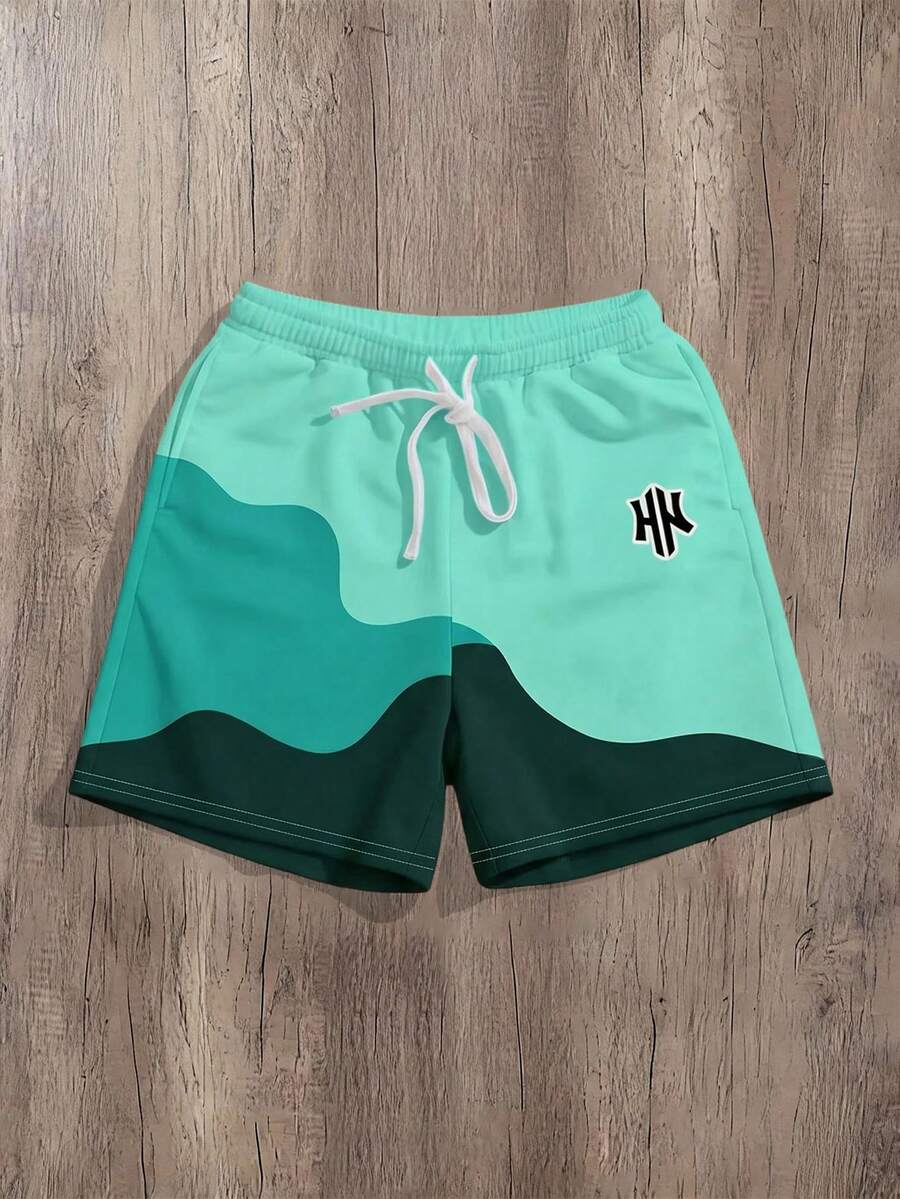 Manfinity Joysei Men's Printed Contrast Color Loose Drawstring Waist Shorts - Green - View 1