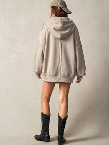 Bohemela Women's Solid Color Drop Shoulder Long Sleeve Zipper Front Drawstring Hooded Fleece Sweatshirt - Apricot - View 7